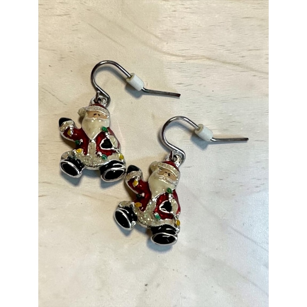 Santa Claus Dangle Earrings 1.25" Silver Tone Red Enamel Holiday